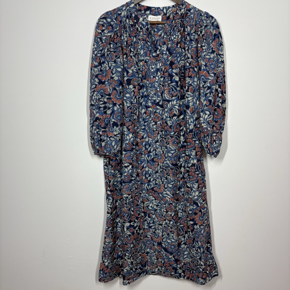 Velvet Graham & Spencer Women Beau Floral Midi Dress Size XS Blue Batik Pattern